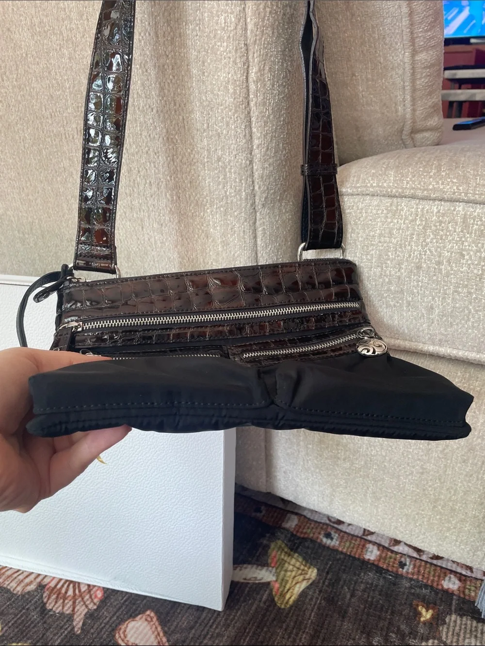 Brighton Brown Croc Embossed Crossbody Adjustable Bag With Silver Heart